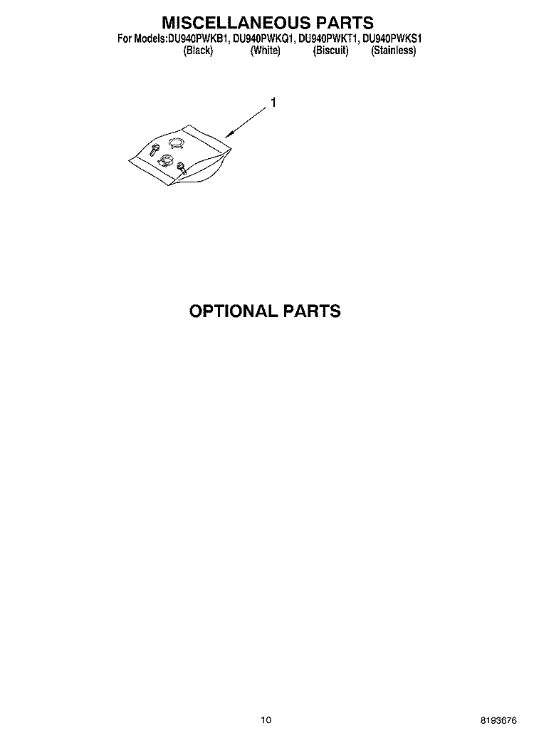MISCELLANEOUS, OPTIONAL Diagram and Parts List for DU940PWKB1  Whirlpool Dishwasher