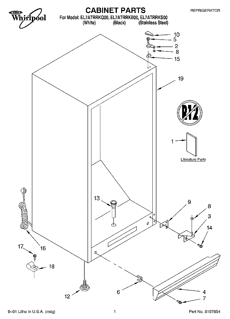 CABINET, LITERATURE Diagram and Parts List for EL7ATRRKS00  Whirlpool Refrigerator