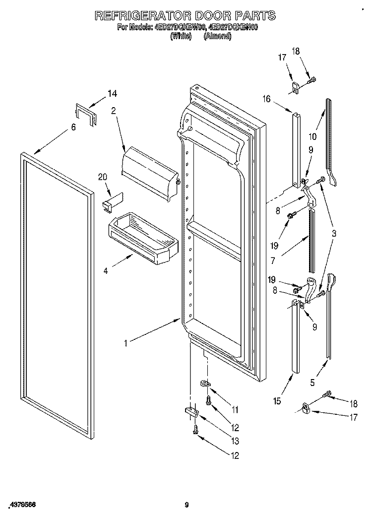 REFRIGERATOR DOOR Diagram and Parts List for 4ED27DQXBN00  Whirlpool Refrigerator