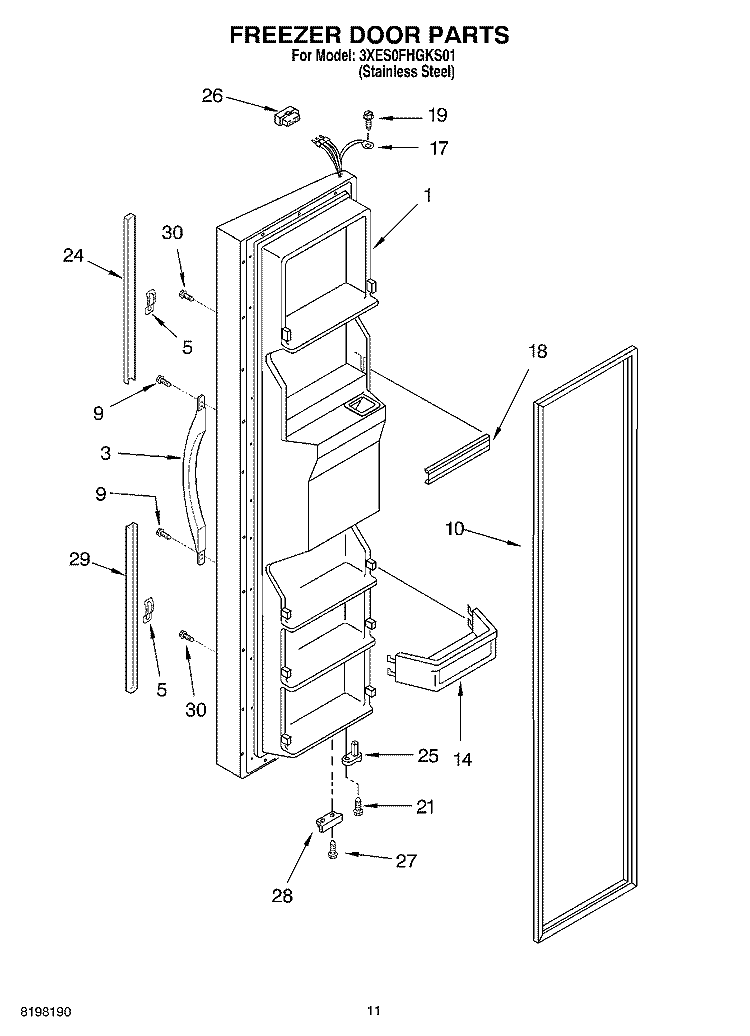 FREEZER DOOR Diagram and Parts List for 3XES0FHGKS01  Whirlpool Refrigerator