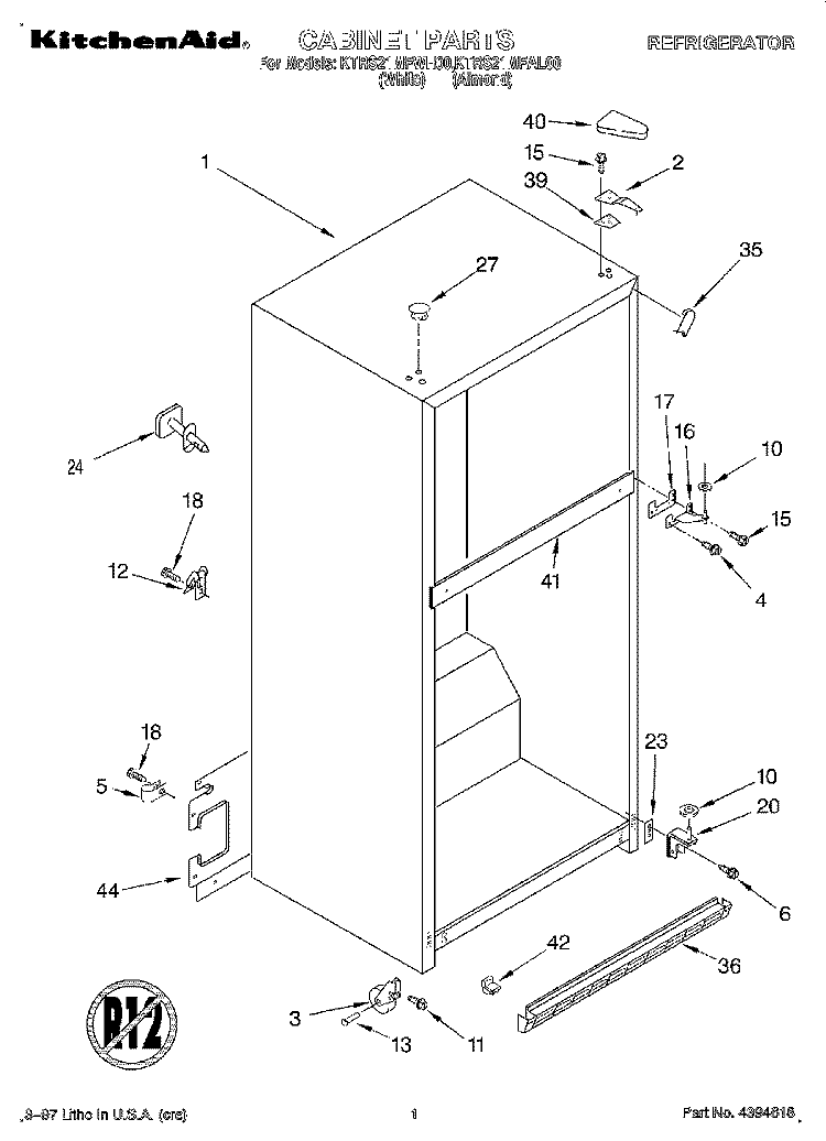 CABINET Diagram and Parts List for KTRS21MFAL00  KitchenAid Refrigerator