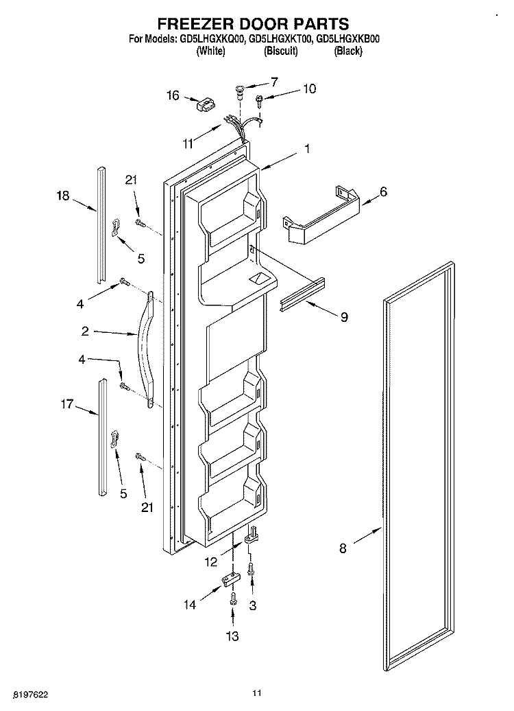 FREEZER DOOR Diagram and Parts List for GD5LHGXKQ00  Whirlpool Refrigerator