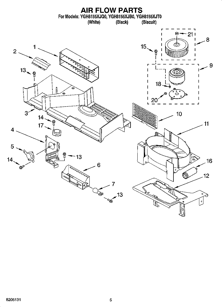 AIR FLOW PARTS Diagram and Parts List for YGH8155XJQ0  Whirlpool Microwave