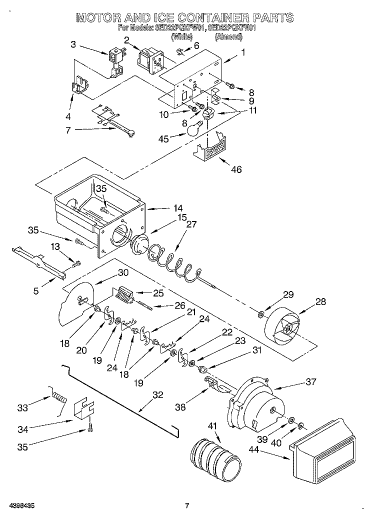 MOTOR AND ICE CONTAINER Diagram and Parts List for 8ED22PQXFN01  Whirlpool Refrigerator