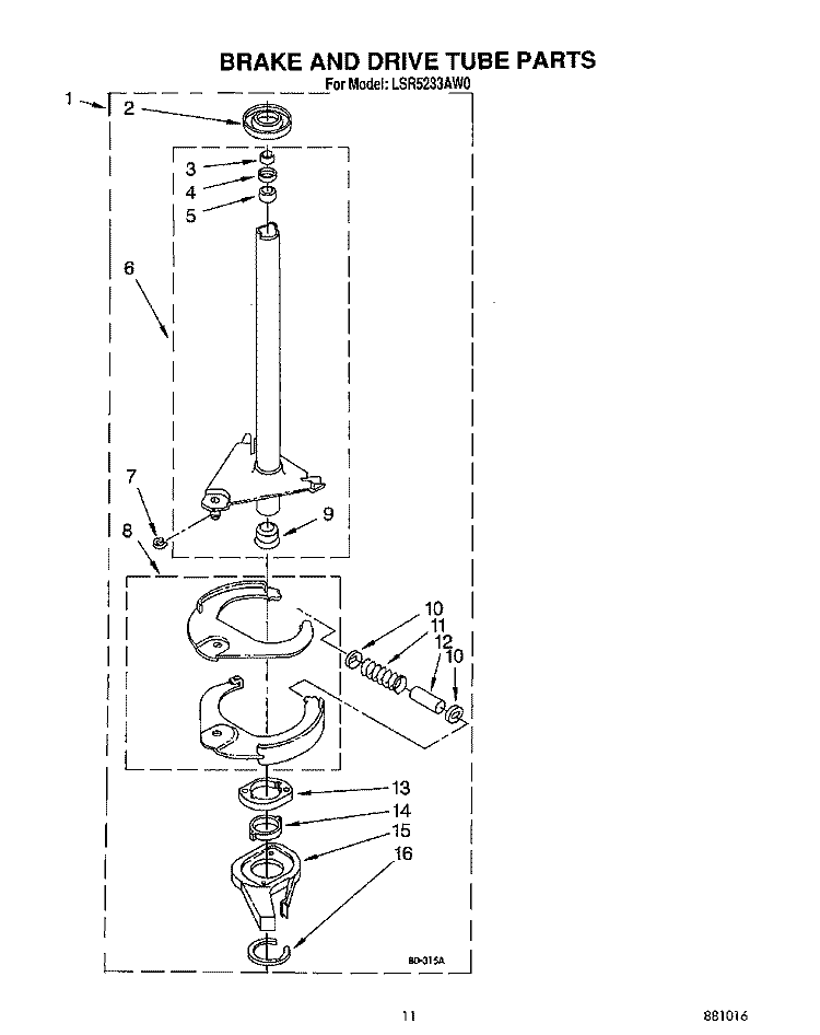 BRAKE AND DRIVE TUBE Diagram and Parts List for LSR5233AN0  Whirlpool Washer