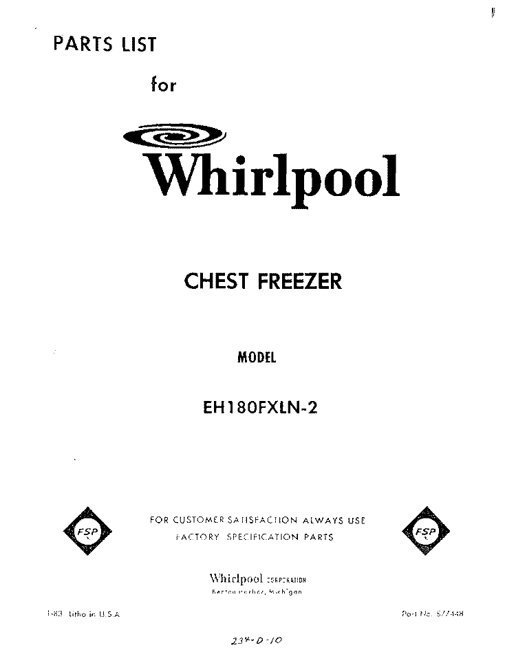 SECTION Diagram and Parts List for EH180FXLN2  Whirlpool Freezer