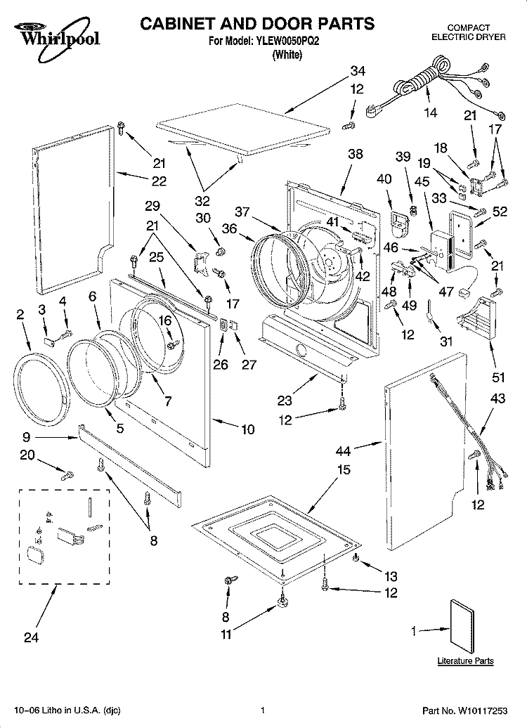 CABINET AND DOOR PARTS Diagram and Parts List for YLEW0050PQ2  Whirlpool Dryer