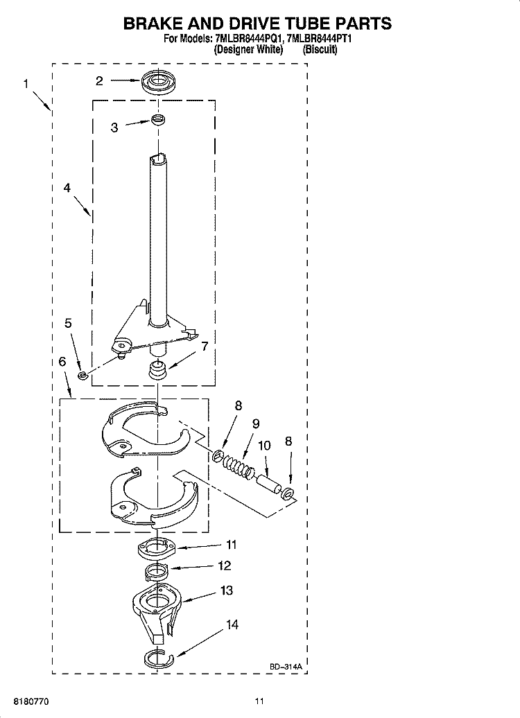 BRAKE AND DRIVE TUBE PARTS Diagram and Parts List for 7MLBR8444PQ1  Whirlpool Washer