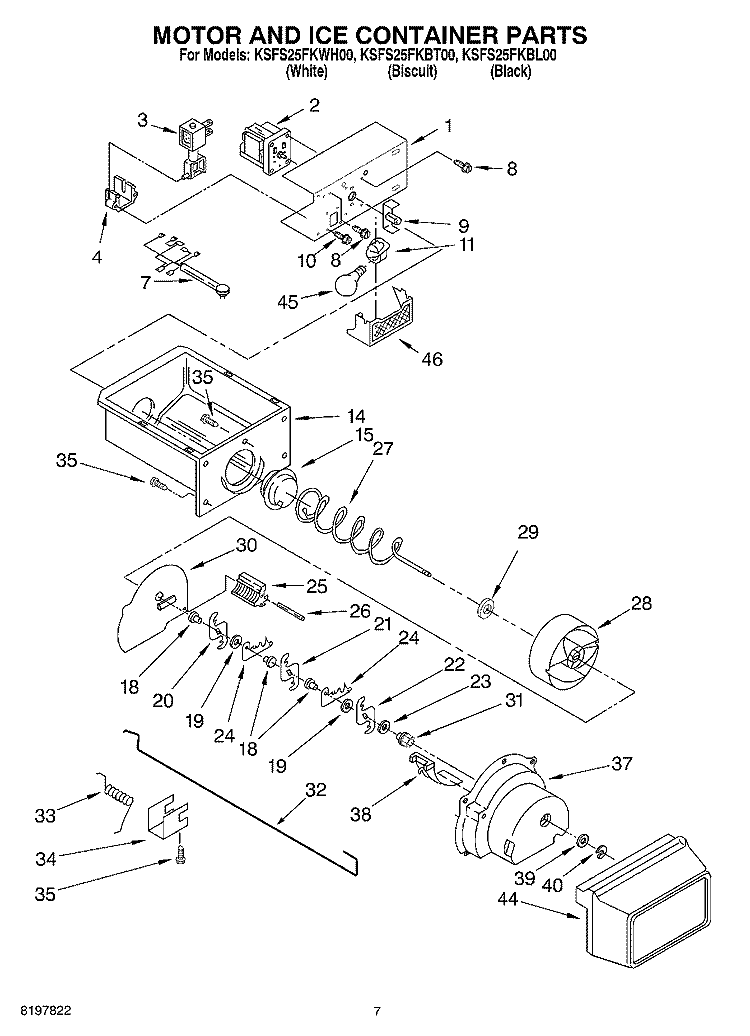 MOTOR AND ICE CONTAINER PARTS Diagram and Parts List for KSFS25FKWH00  KitchenAid Refrigerator