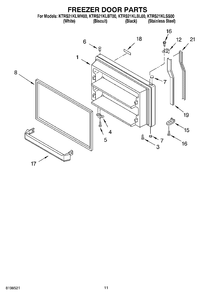 FREEZER DOOR PARTS, OPTIONAL PARTS Diagram and Parts List for KTRS21KLSS00  KitchenAid Refrigerator