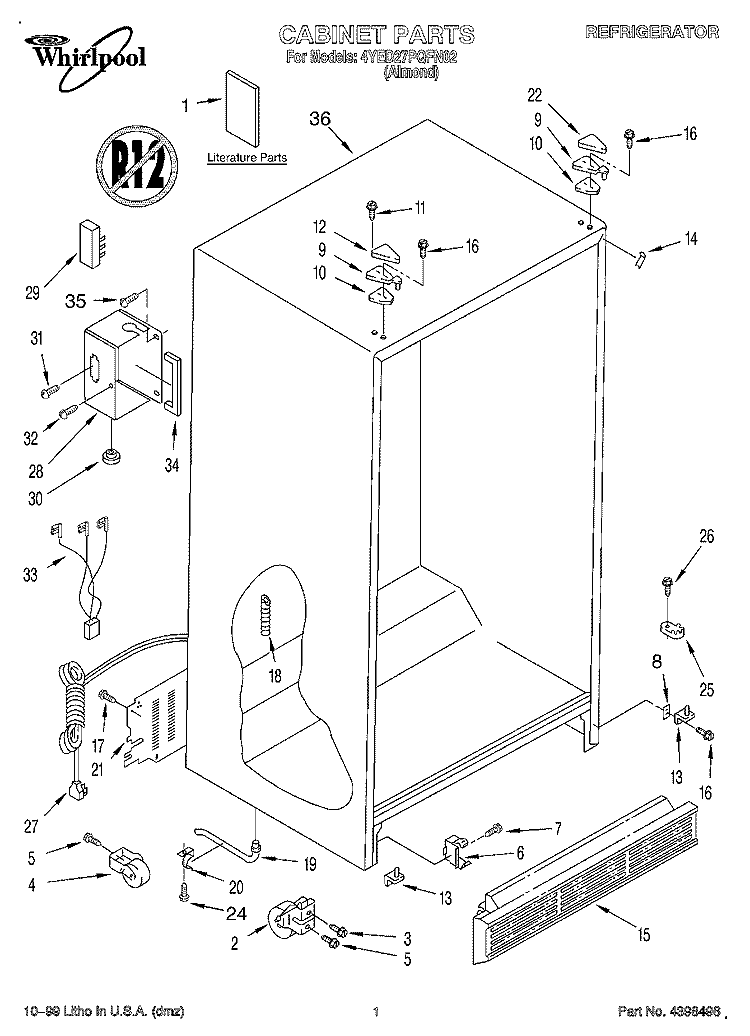 CABINET, LITERATURE Diagram and Parts List for 4YED27PQFN02  Whirlpool Refrigerator
