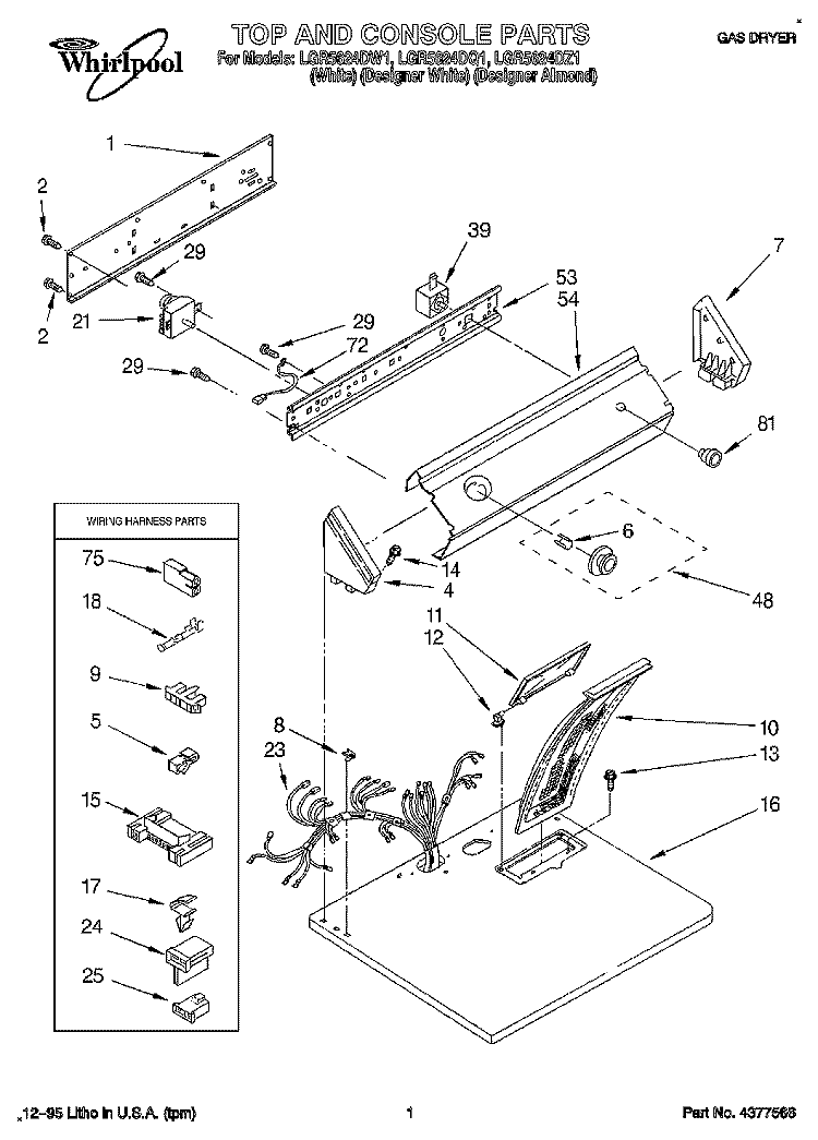 TOP AND CONSOLE, LIT/OPTIONAL Diagram and Parts List for LGR5624DQ1  Whirlpool Dryer