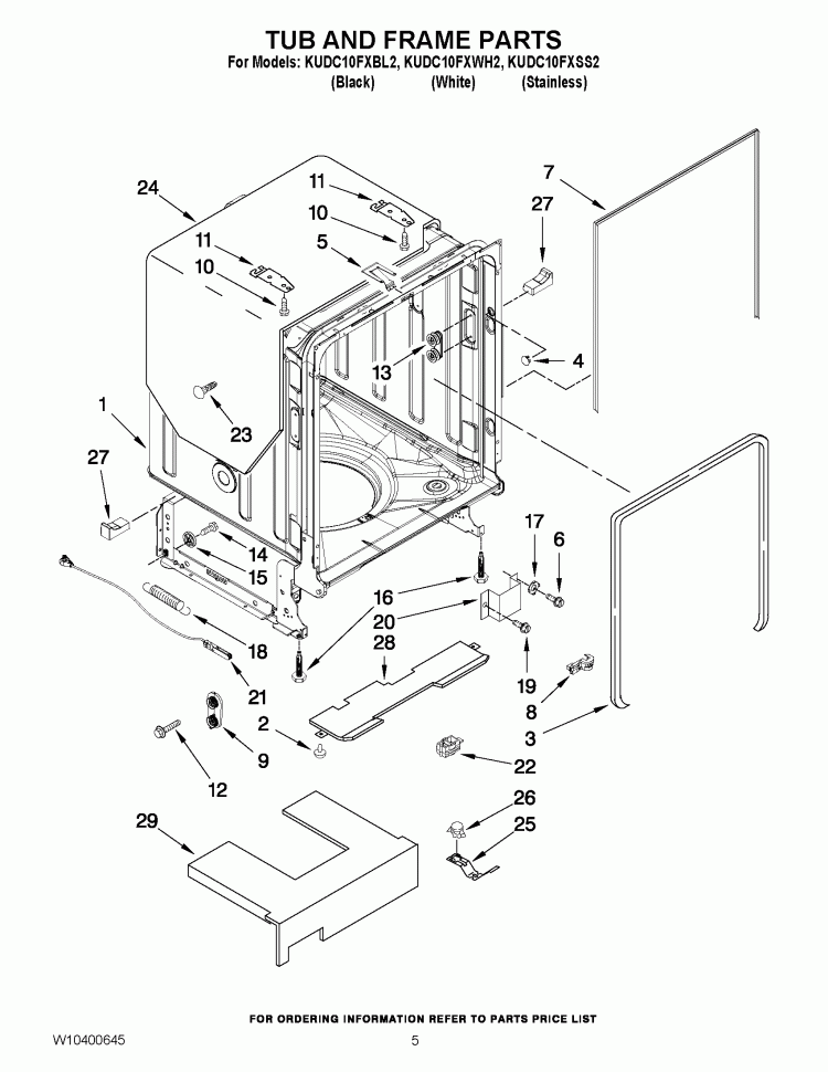 TUB AND FRAME PARTS Diagram and Parts List for KUDC10FXSS2  KitchenAid Dishwasher