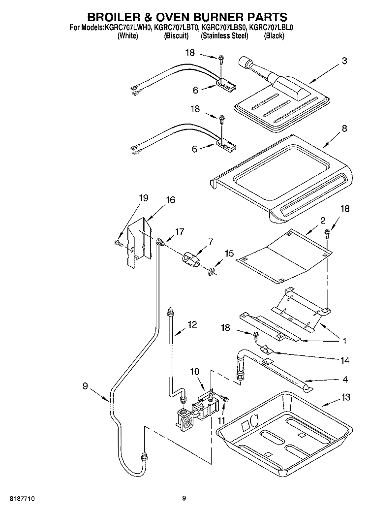 BROILER & OVEN BURNER PARTS Diagram and Parts List for KGRC707LBL0  KitchenAid Range