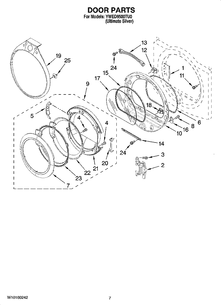DOOR PARTS, OPTIONAL PARTS (NOT INCLUDED) Diagram and Parts List for YWED9500TU0  Whirlpool Dryer