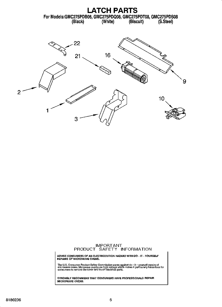 LATCH PARTS Diagram and Parts List for GMC275PDS08  Whirlpool Microwave Oven Combo