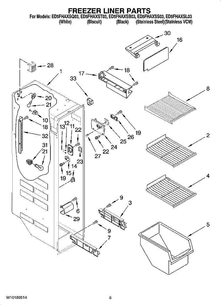 FREEZER LINER PARTS Diagram and Parts List for ED5FHAXSQ03  Whirlpool Refrigerator