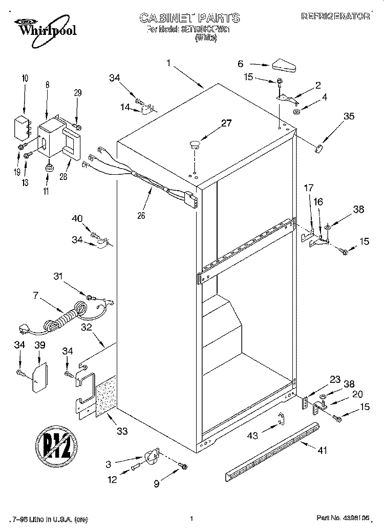 CABINET Diagram and Parts List for 6ET19DKXFW01  Whirlpool Refrigerator