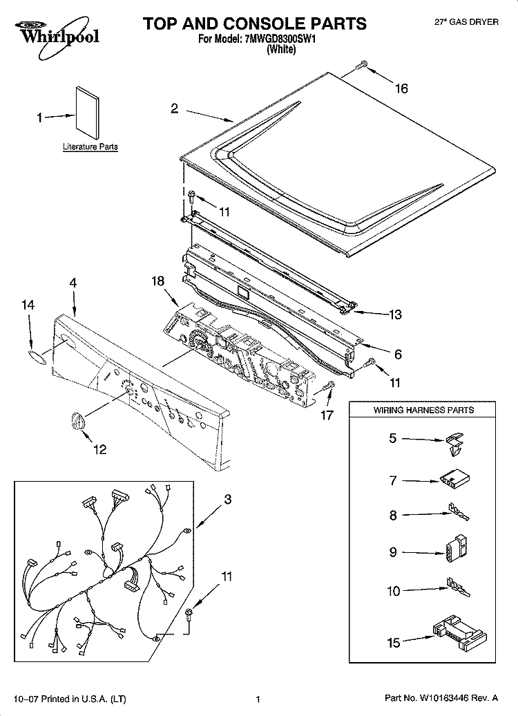 TOP AND CONSOLE PARTS Diagram and Parts List for 7MWGD8300SW1  Whirlpool Dryer