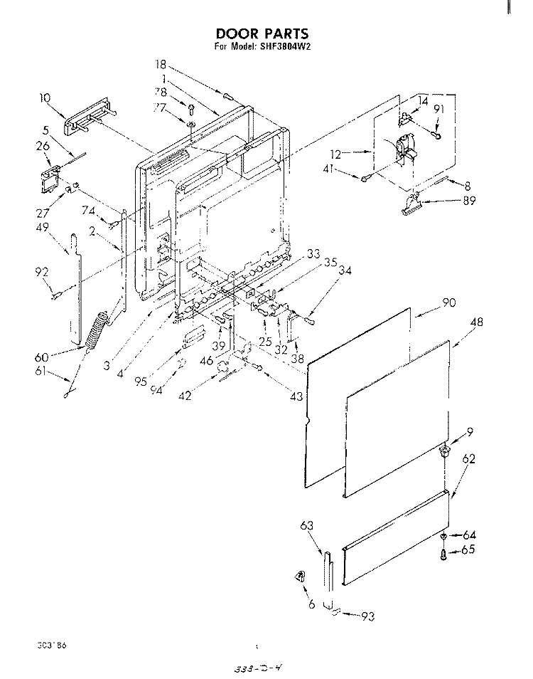 DOOR Diagram and Parts List for SHF3804W2  Whirlpool Dishwasher