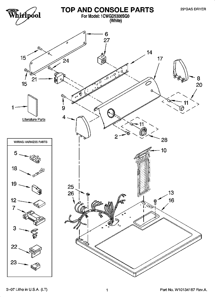 TOP AND CONSOLE PARTS Diagram and Parts List for 1CWGD5300SQ0  Whirlpool Dryer