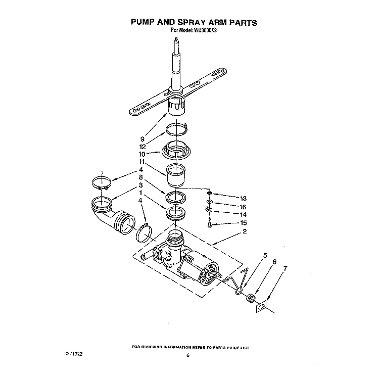 PUMP AND SPRAY ARM Diagram and Parts List for WU3000X2  Roper Dishwasher
