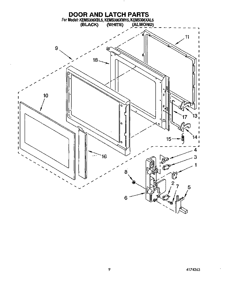 DOOR AND LATCH Diagram and Parts List for KEMS306XAL5  KitchenAid Wall Oven