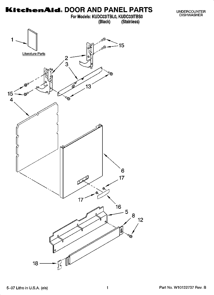 DOOR AND PANEL PARTS Diagram and Parts List for KUDC03ITBS0  KitchenAid Dishwasher