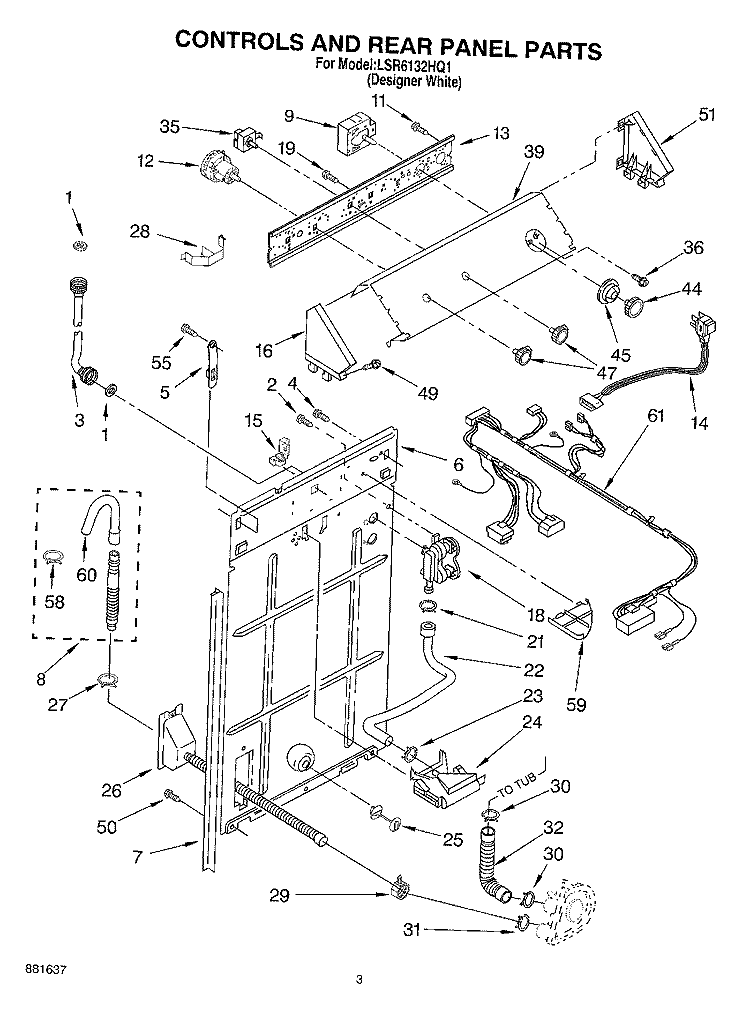 CONTROLS AND REAR PANEL Diagram and Parts List for LSR6132HQ1  Whirlpool Washer