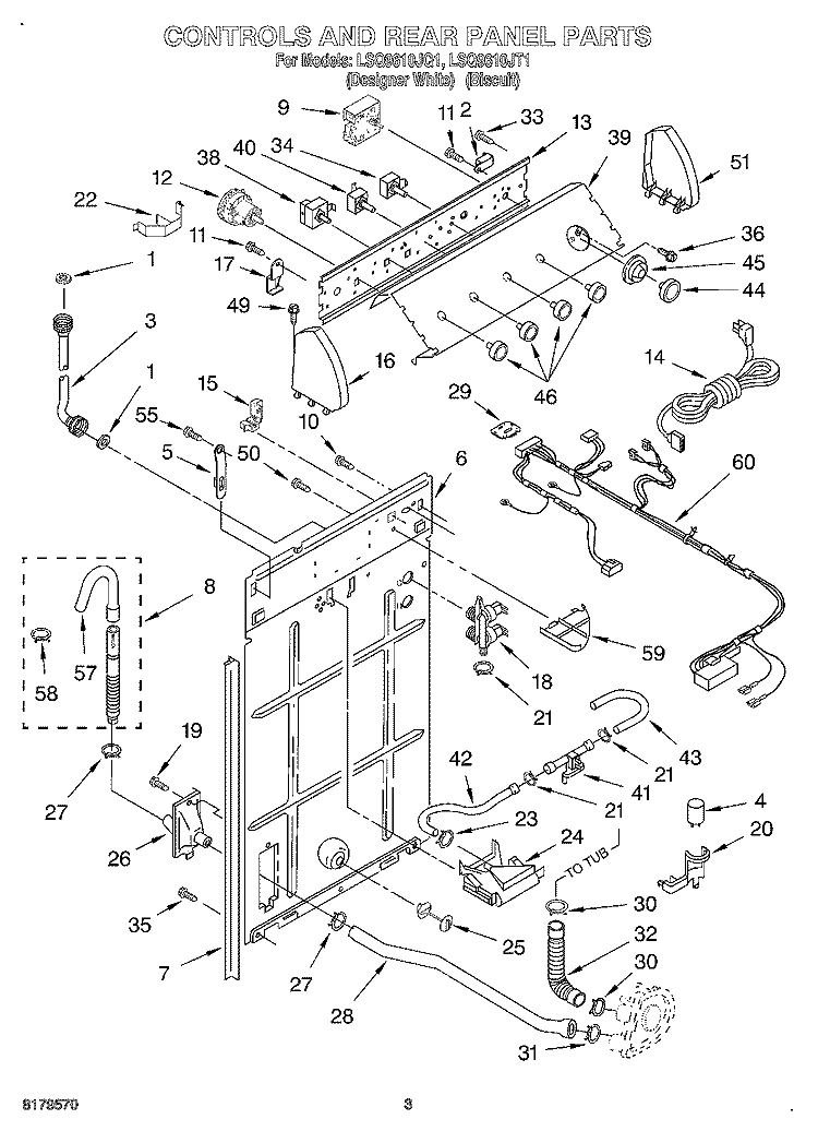 CONTROLS AND REAR PANEL Diagram and Parts List for LSQ9610JT1  Whirlpool Washer
