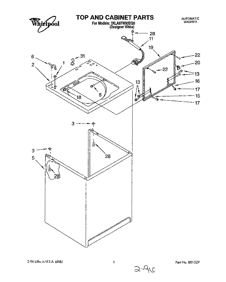 TOP AND CABINET Diagram and Parts List for 3XLA87W92BQ0  Whirlpool Washer