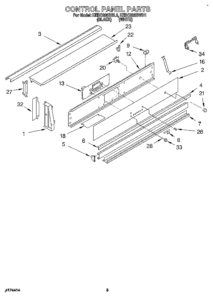CONTROL PANEL Diagram and Parts List for KEDC205BWH1  KitchenAid Range