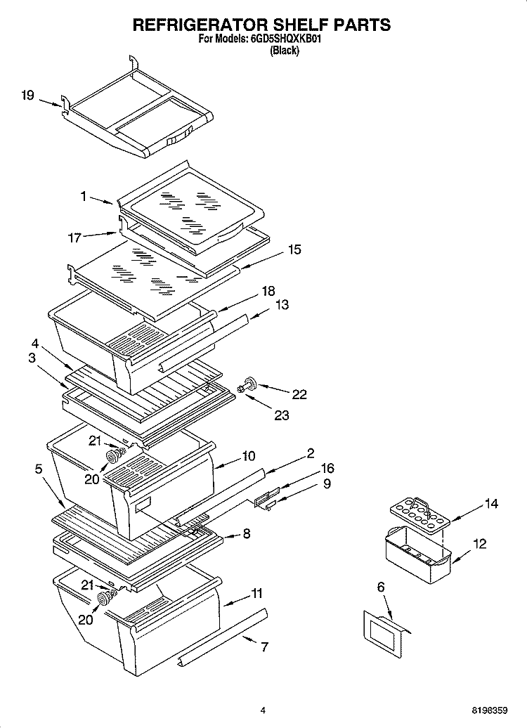 REFRIGERATOR SHELF PARTS Diagram and Parts List for 6GD5SHQXKB01  Whirlpool Refrigerator