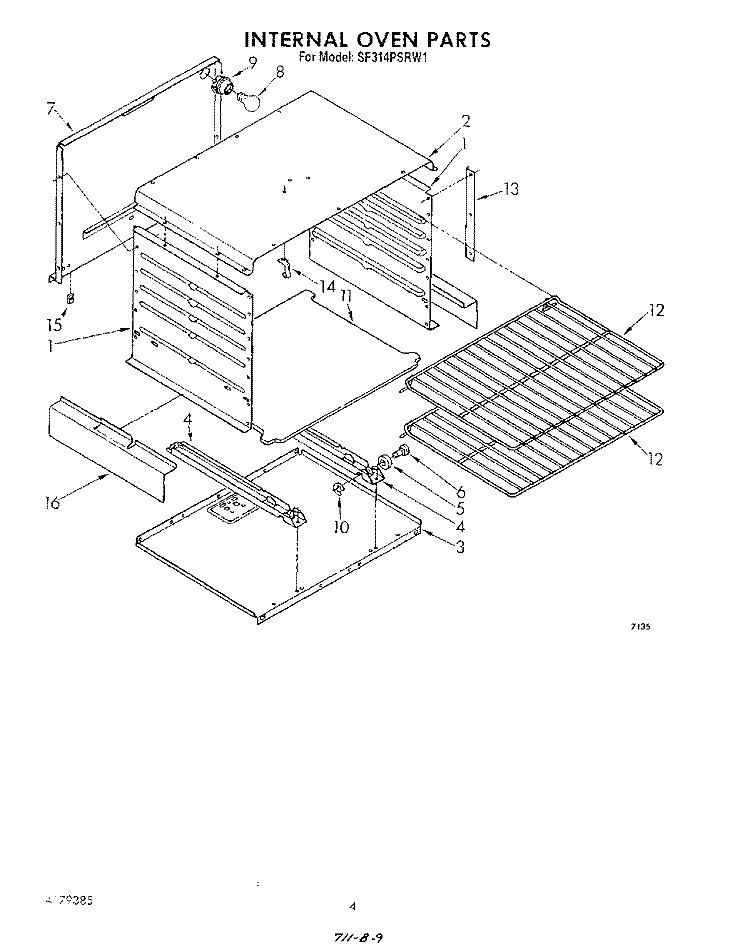 INTERNAL OVEN Diagram and Parts List for SF314PSRW1  Whirlpool Range
