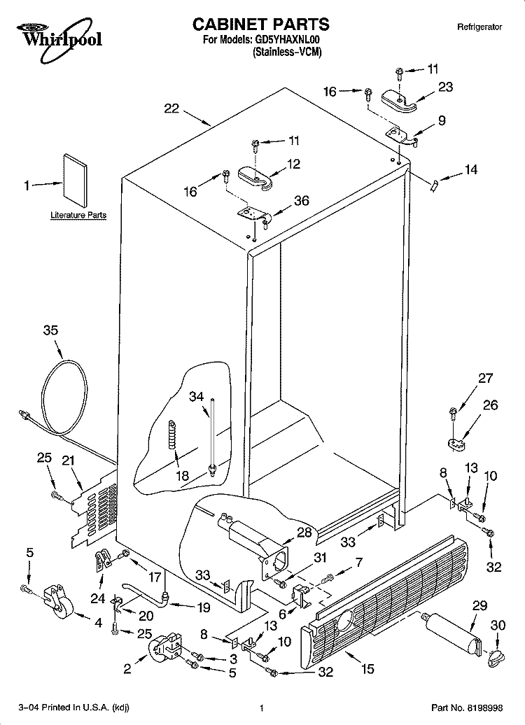 CABINET PARTS Diagram and Parts List for GD5YHAXNL00  Whirlpool Refrigerator