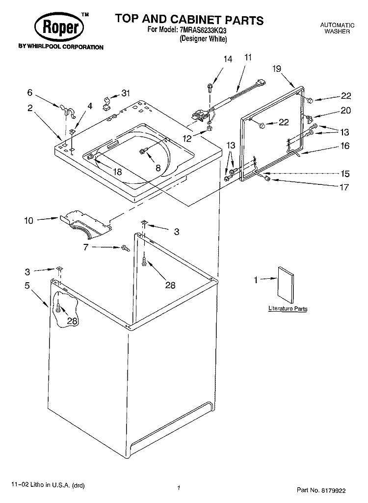 TOP AND CABINET, LITERATURE Diagram and Parts List for 7MRAS6233KQ3  Roper Washer
