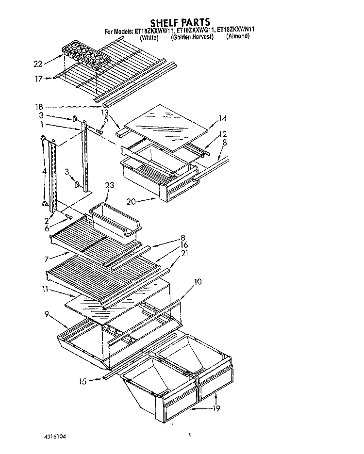 SHELF Diagram and Parts List for ET18ZKXWW11  Whirlpool Refrigerator