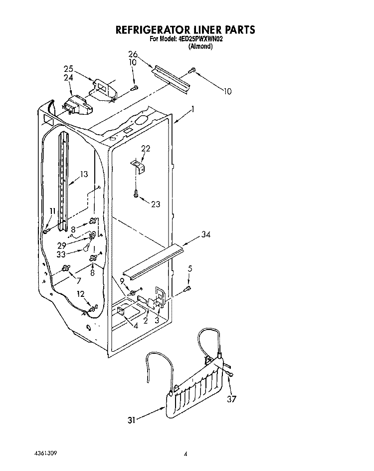 REFRIGERATOR LINER Diagram and Parts List for 4ED25PWXWN02  Whirlpool Refrigerator