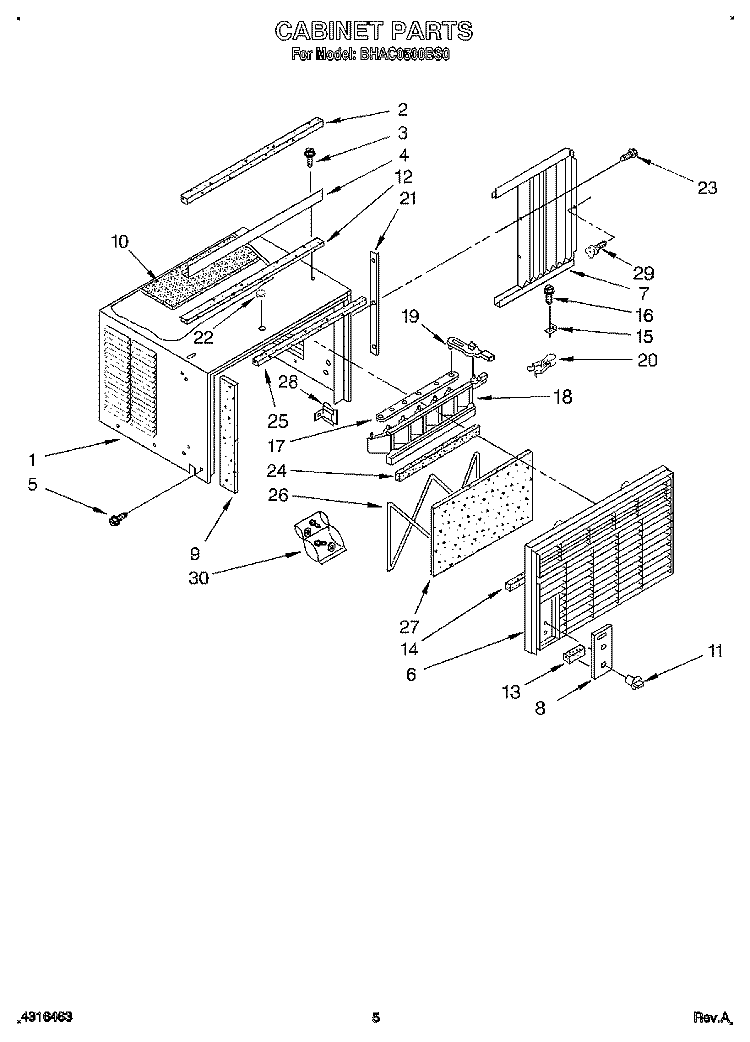 CABINET Diagram and Parts List for BHAC0500BS0  Whirlpool Air Conditioner