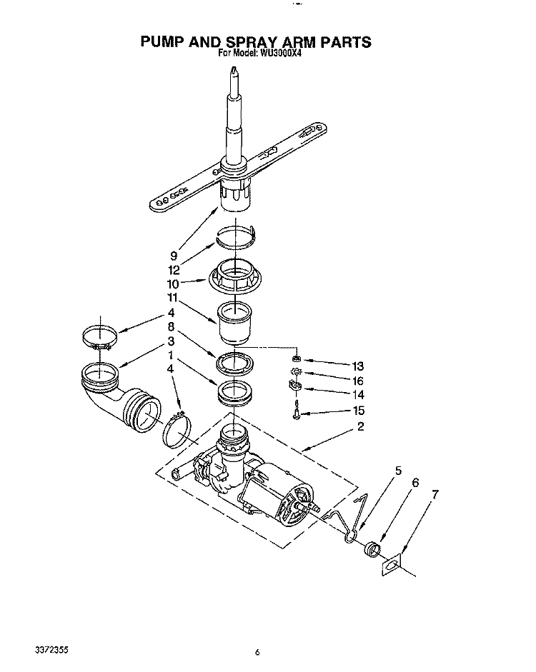 PUMP AND SPRAY ARM Diagram and Parts List for WU3000X4  Roper Dishwasher