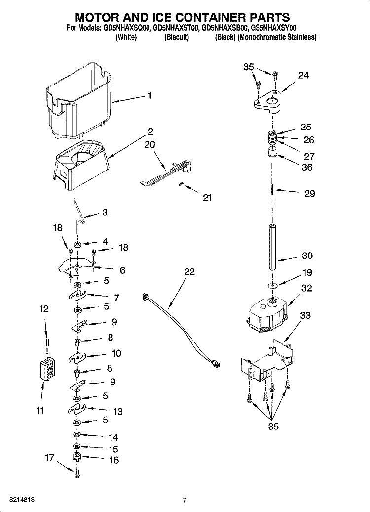 MOTOR AND ICE CONTAINER PARTS Diagram and Parts List for GS5NHAXSY00  Whirlpool Refrigerator