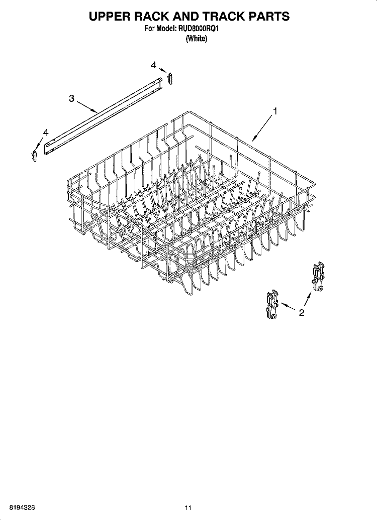UPPER RACK AND TRACK PARTS Diagram and Parts List for RUD8000RQ1  Roper Dishwasher