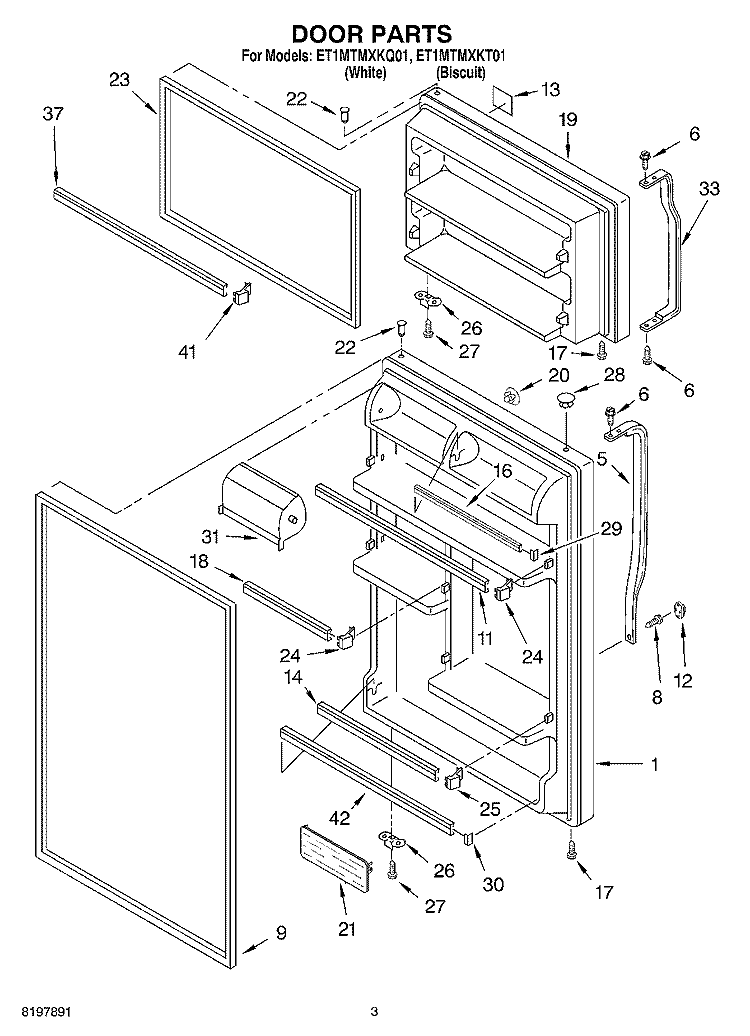 DOOR Diagram and Parts List for ET1MTMXKQ01  Whirlpool Refrigerator