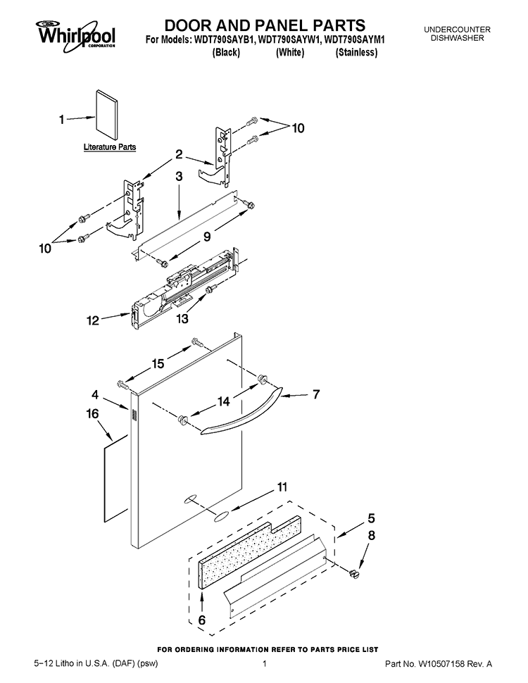 DOOR AND PANEL PARTS Diagram and Parts List for WDT790SAYM1  Whirlpool Dishwasher