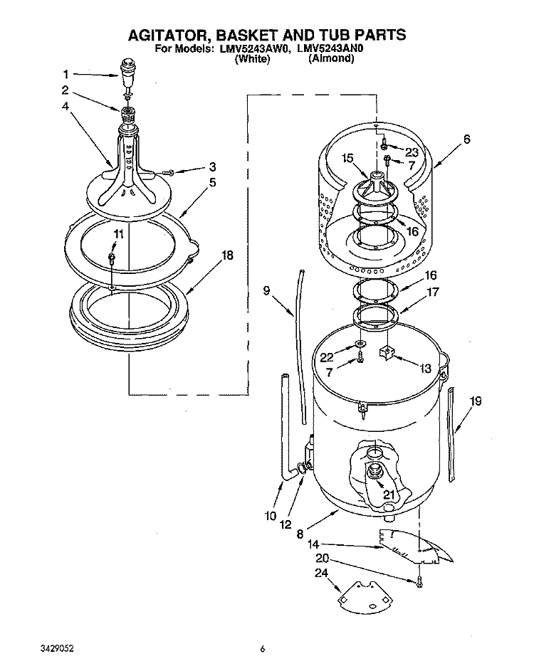 AGITATOR, BASKET AND TUB Diagram and Parts List for LMV5243AN0  Whirlpool Washer