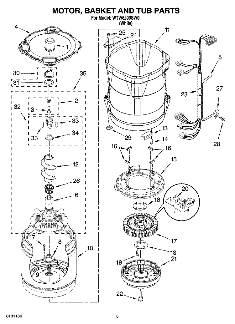 MOTOR, BASKET AND TUB PARTS Diagram and Parts List for WTW6200SW0  Whirlpool Washer