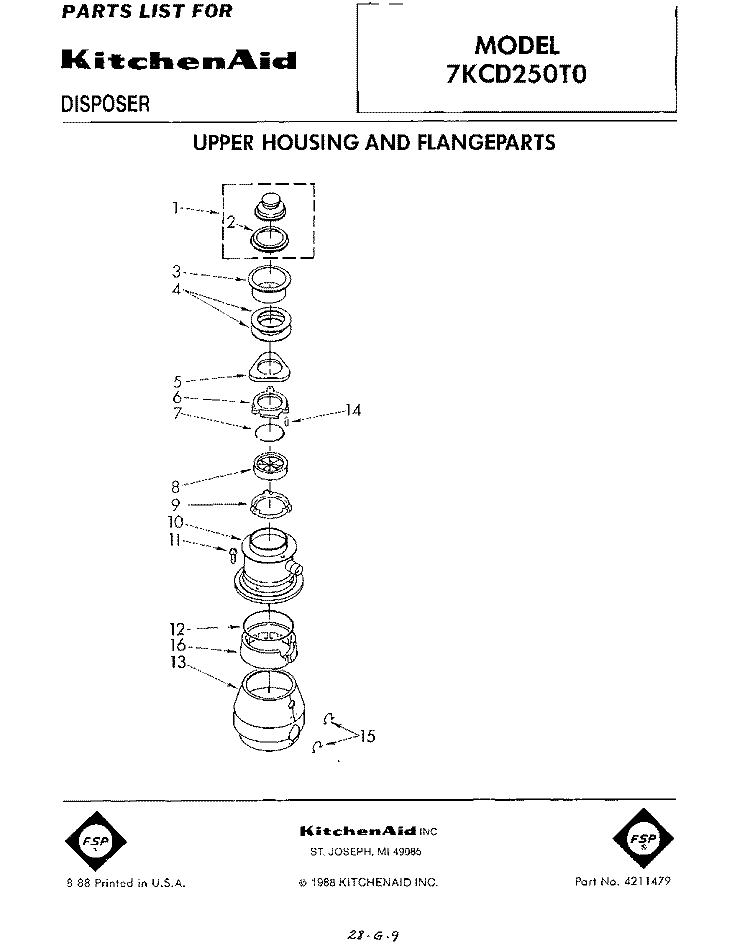 SECTION Diagram and Parts List for 7KCD250T0  KitchenAid Food Waste Disposer