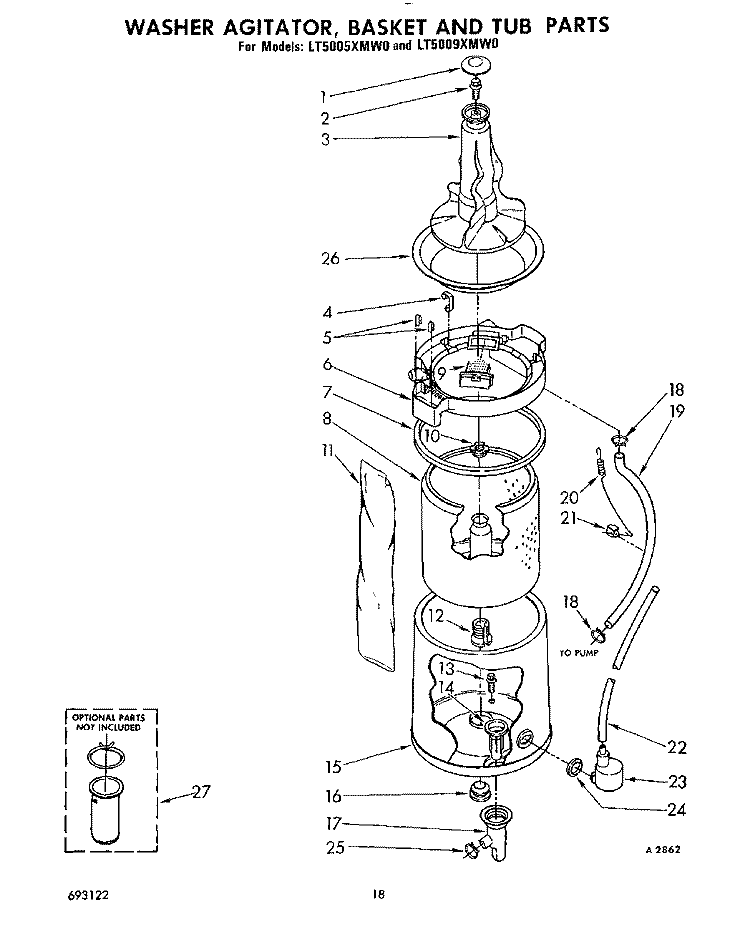 WASHER AGITATOR, BASKET AND TUB Diagram and Parts List for LT5005XMW0  Whirlpool Washer Dryer Combo
