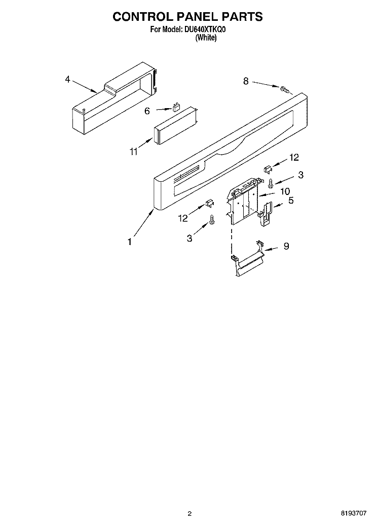 CONTROL PANEL Diagram and Parts List for DU640XTKQ0  Whirlpool Dishwasher
