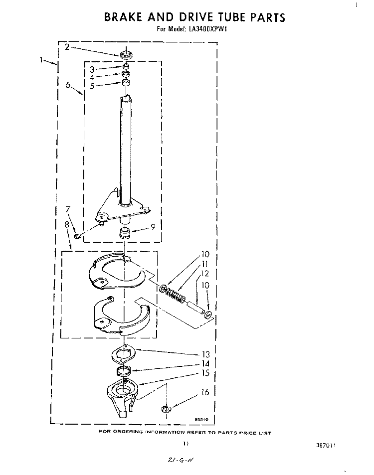 BRAKE AND DRIVE TUBE Diagram and Parts List for LA3400XPW1  Whirlpool Washer